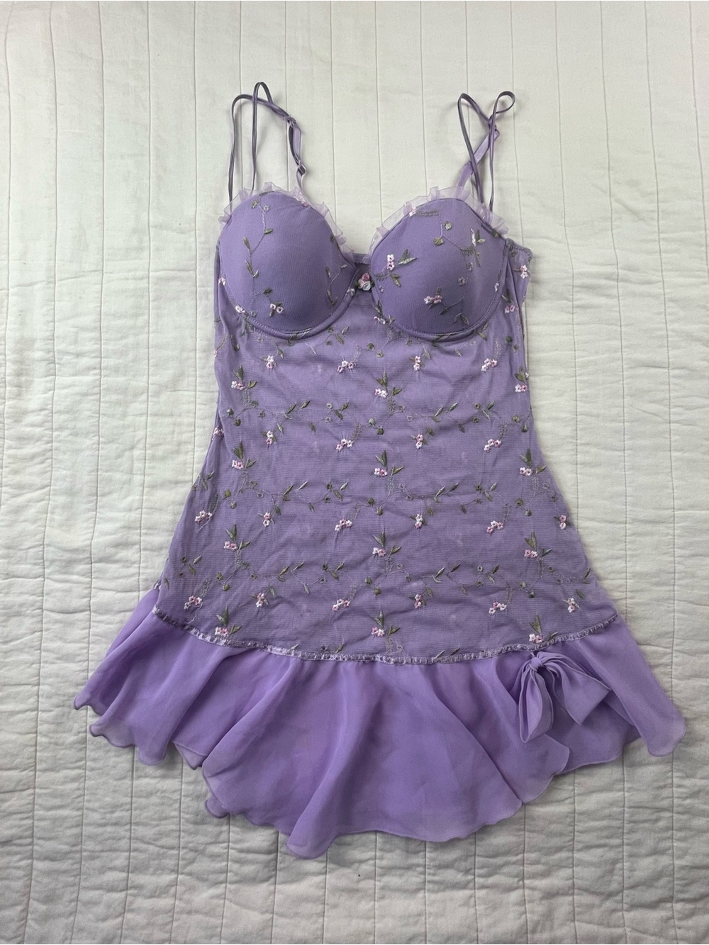 Lavender Floral Embroidered Chemise Lingerie Slip Dress Large